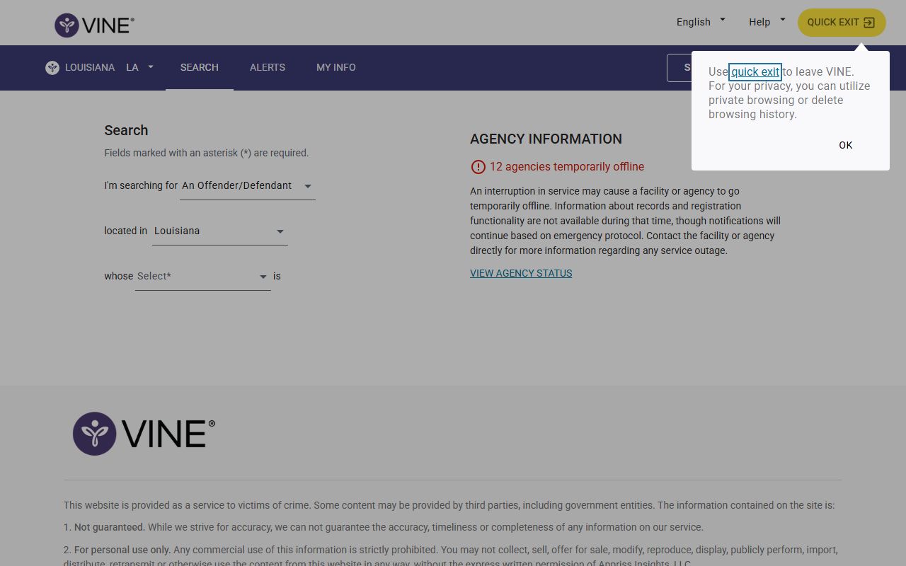 Louisiana VINELink person search for Webster Parish inmate lookup